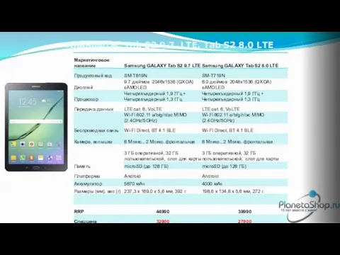 Планшеты: Tab S2 9.7 LTE, Tab S2 8.0 LTE