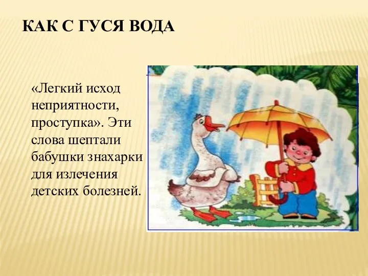 КАК С ГУСЯ ВОДА «Легкий исход неприятности, проступка». Эти слова