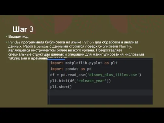 Шаг 3 Вводим код Pandas программная библиотека на языке Python