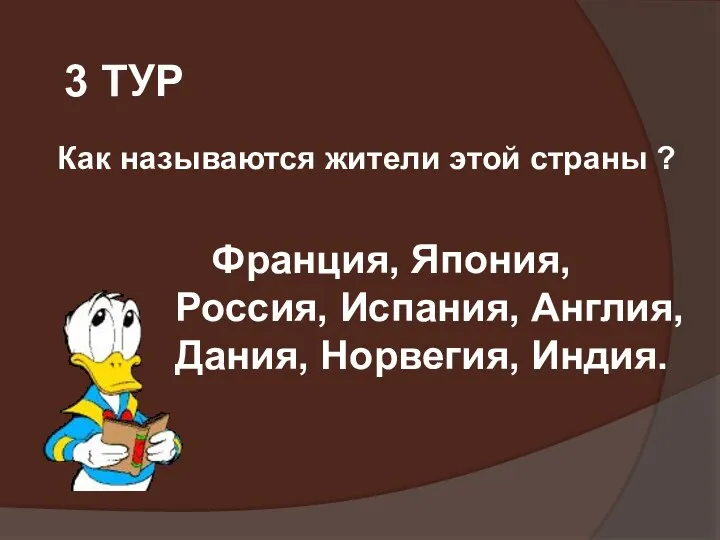 Франция, Япония, Россия, Испания, Англия, Дания, Норвегия, Индия. 3 ТУР Как называются жители этой страны ?