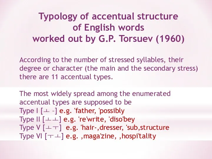 Typology of accentual structure of English words worked out by