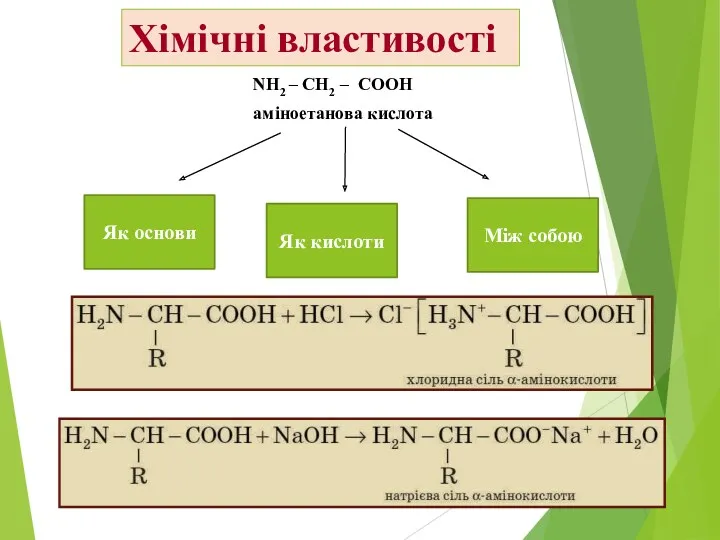 Хімічні властивості NН2 – СН2 – СООН аміноетанова кислота Як основи Як кислоти Між собою