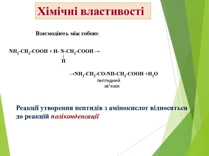 Хімічні властивості Взаємодіють між собою: пептидний зв’язок Реакції утворення пептидів