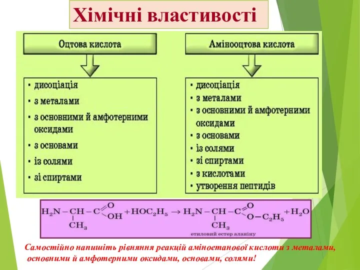 Хімічні властивості Самостійно напишіть рівняння реакцій аміноетанової кислоти з металами, основними й амфотерними оксидами, основами, солями!