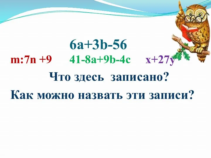 6a+3b-56 m:7n +9 41-8a+9b-4c x+27y Что здесь записано? Как можно назвать эти записи?