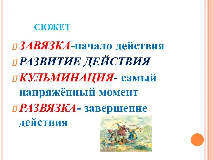 СЮЖЕТ ЗАВЯЗКА-начало действия РАЗВИТИЕ ДЕЙСТВИЯ КУЛЬМИНАЦИЯ- самый напряжённый момент РАЗВЯЗКА- завершение действия