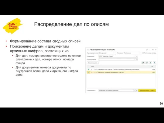 Распределение дел по описям Формирование состава сводных описей Присвоение делам