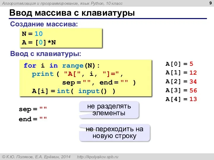 Ввод массива с клавиатуры Создание массива: Ввод с клавиатуры: N