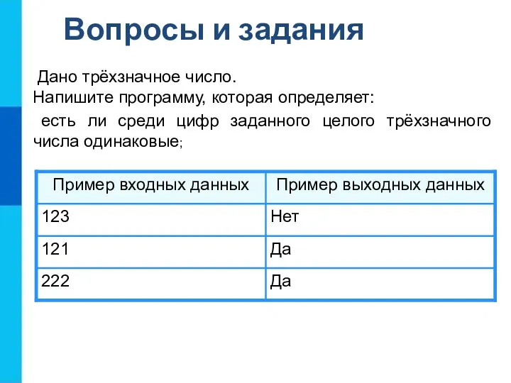 есть ли среди цифр заданного целого трёхзначного числа одинаковые; Дано