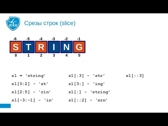 Срезы строк (slice) s1 = ‘string’ s1[0:2] - ‘st’ s1[2:5]