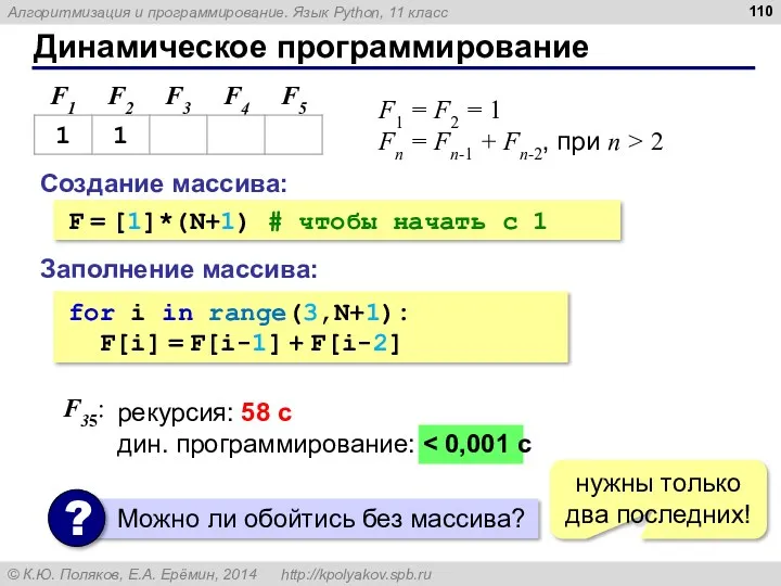 Динамическое программирование Создание массива: F = [1]*(N+1) # чтобы начать с 1 Заполнение