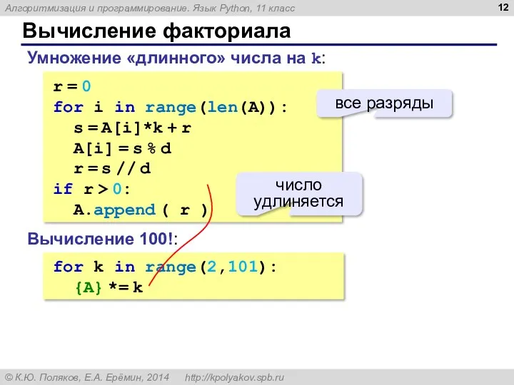 Вычисление факториала r = 0 for i in range(len(A)): s = A[i]*k +