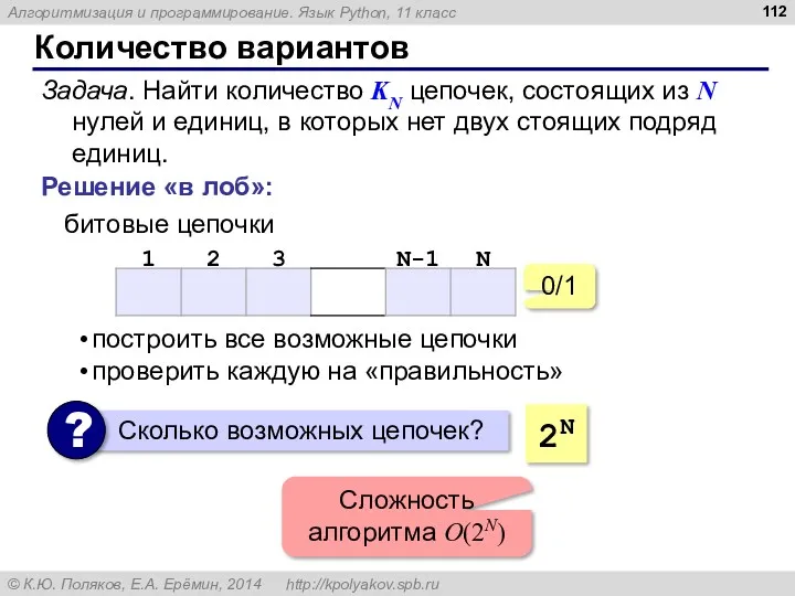 Количество вариантов Задача. Найти количество KN цепочек, состоящих из N нулей и единиц,