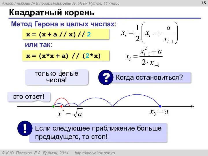 Квадратный корень Метод Герона в целых числах: x = (x + a //