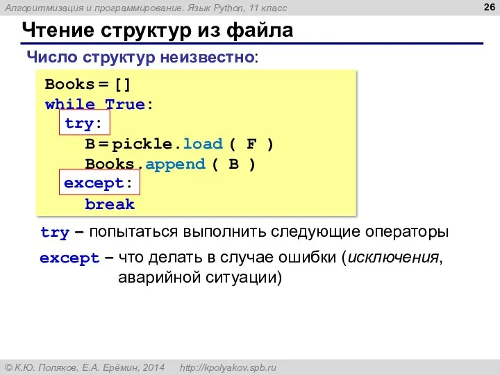 Чтение структур из файла Books = [] while True: try: B = pickle.load