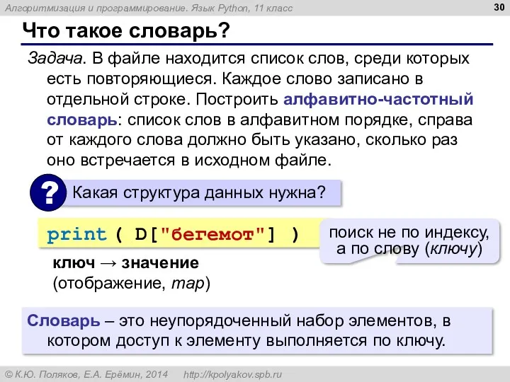 Что такое словарь? Задача. В файле находится список слов, среди которых есть повторяющиеся.