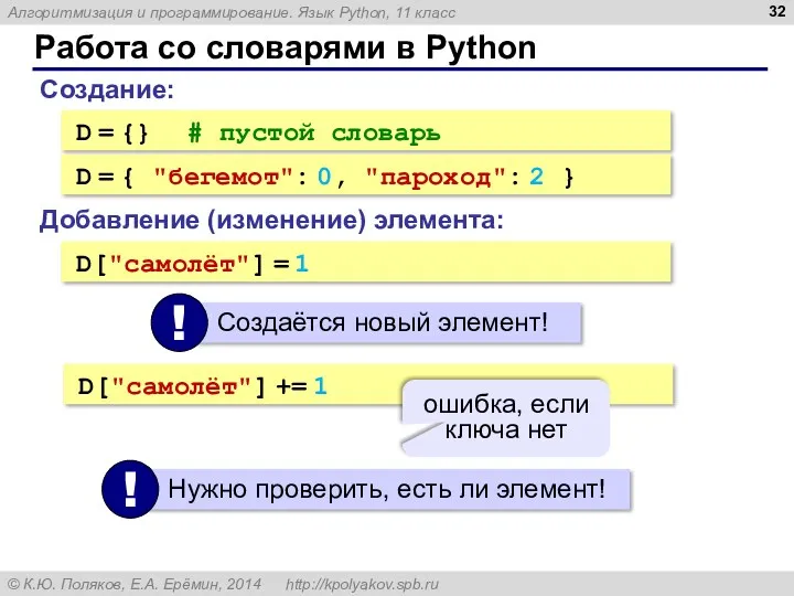 Работа со словарями в Python D = {} # пустой словарь Создание: D
