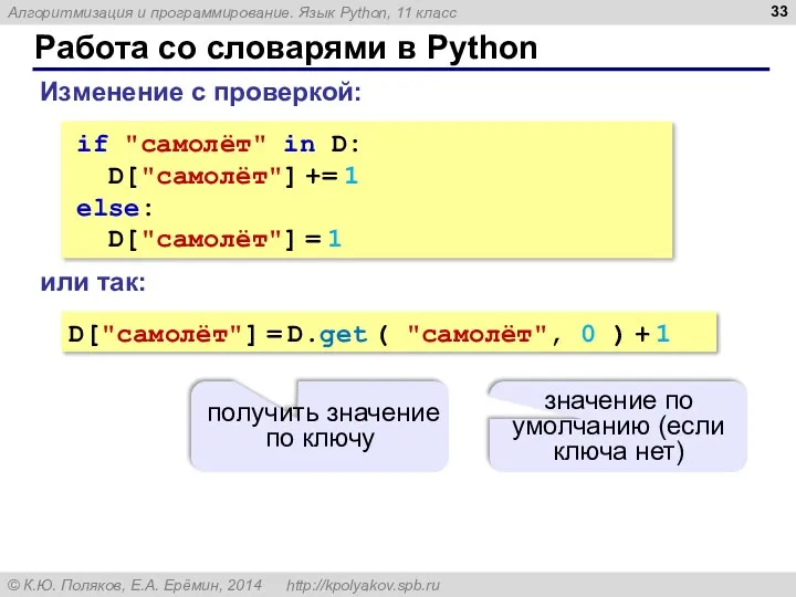 Работа со словарями в Python Изменение с проверкой: if "самолёт" in D: D["самолёт"]