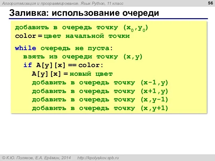 Заливка: использование очереди добавить в очередь точку (x0,y0) color = цвет начальной точки