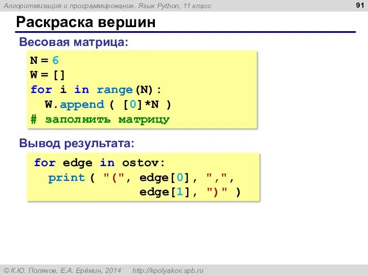 Раскраска вершин N = 6 W = [] for i in range(N): W.append