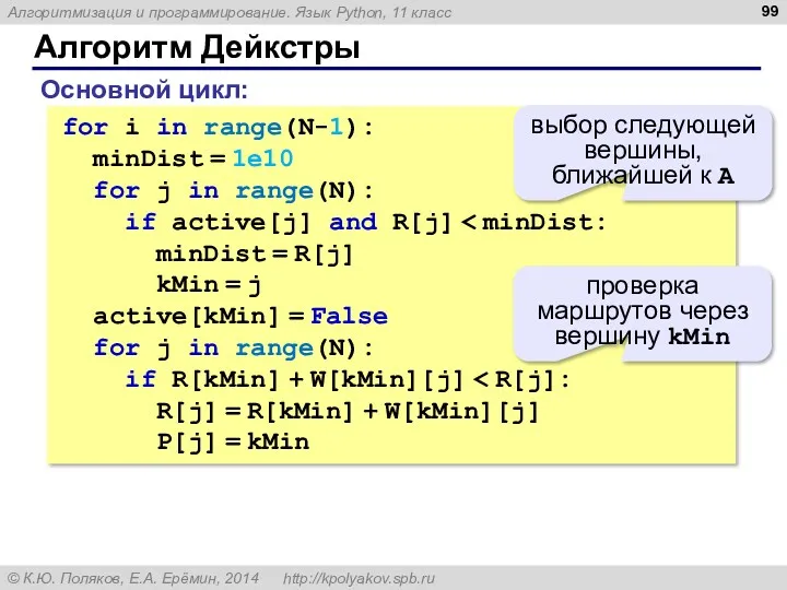 Алгоритм Дейкстры for i in range(N-1): minDist = 1e10 for j in range(N):