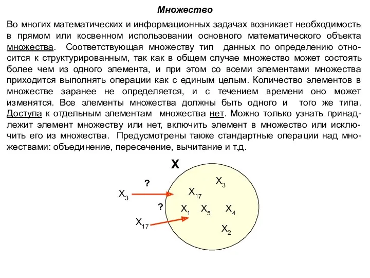 Множество Во многих математических и информационных задачах возникает необходимость в