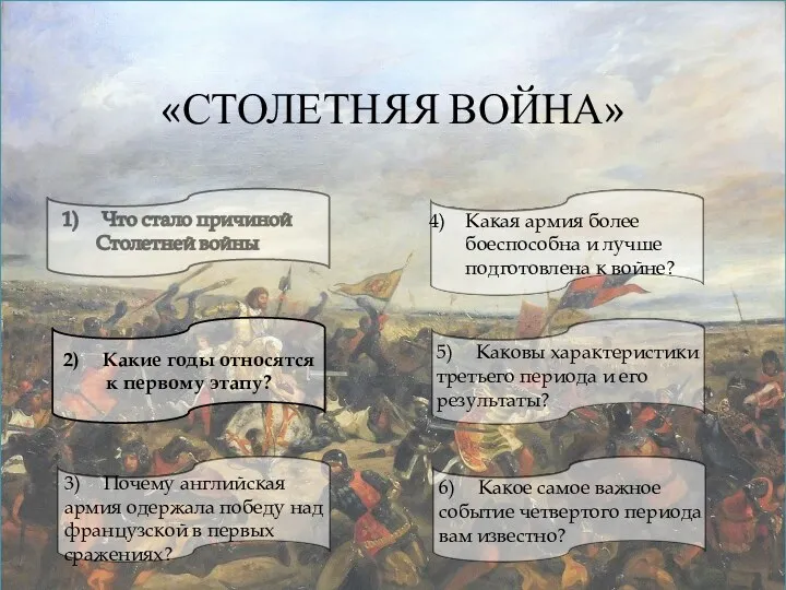 «СТОЛЕТНЯЯ ВОЙНА» 2) Какие годы относятся к первому этапу? 6) Какое самое важное