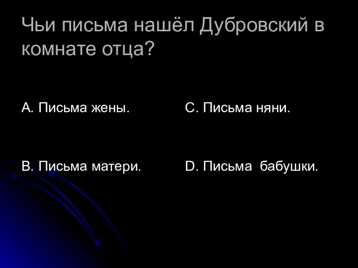 Чьи письма нашёл Дубровский в комнате отца? А. Письма жены.