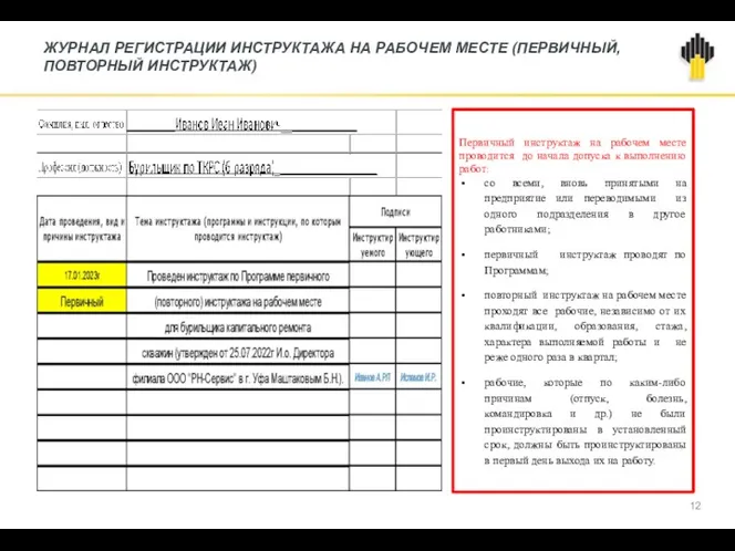 ЖУРНАЛ РЕГИСТРАЦИИ ИНСТРУКТАЖА НА РАБОЧЕМ МЕСТЕ (ПЕРВИЧНЫЙ, ПОВТОРНЫЙ ИНСТРУКТАЖ) Первичный