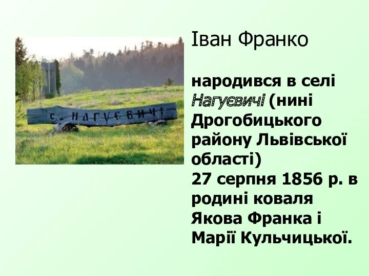 Іван Франко народився в селі Нагуєвичі (нині Дрогобицького району Львівської