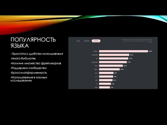 ПОПУЛЯРНОСТЬ ЯЗЫКА - Простота и удобство использования -Много библиотек -Наличие