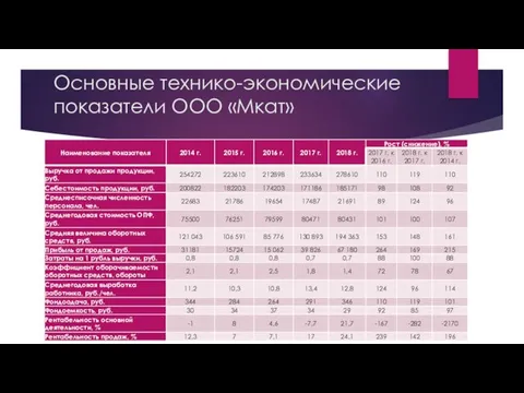 Основные технико-экономические показатели ООО «Мкат»