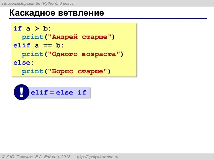 Каскадное ветвление if a > b: print("Андрей старше") elif a