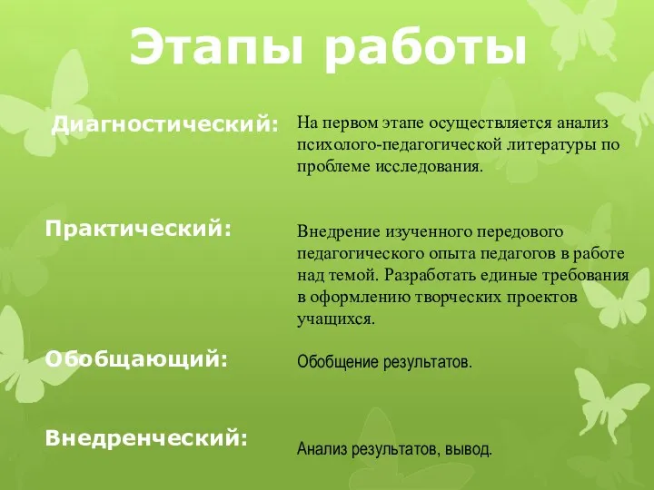 Этапы работы Диагностический: Практический: Обобщающий: Внедренческий: На первом этапе осуществляется