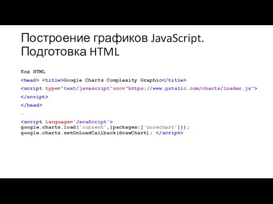 Построение графиков JavaScript. Подготовка HTML Код HTML Google Charts Complexity Graphic … google.charts.load('current',{packages:['corechart']}); google.charts.setOnLoadCallback(drawChart);