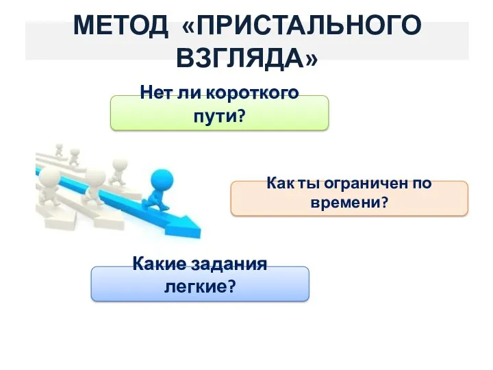 МЕТОД «ПРИСТАЛЬНОГО ВЗГЛЯДА» Нет ли короткого пути? Как ты ограничен по времени? Какие задания легкие?