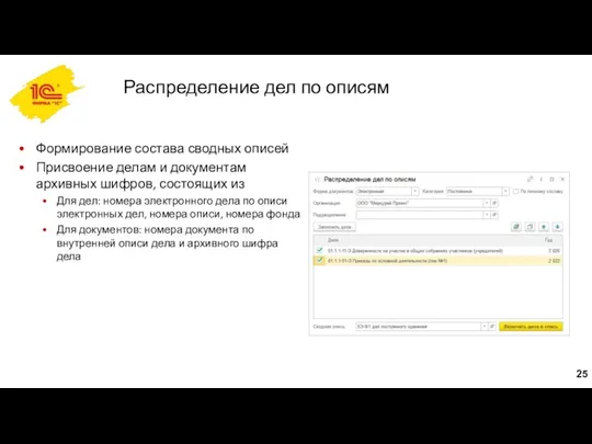 Распределение дел по описям Формирование состава сводных описей Присвоение делам