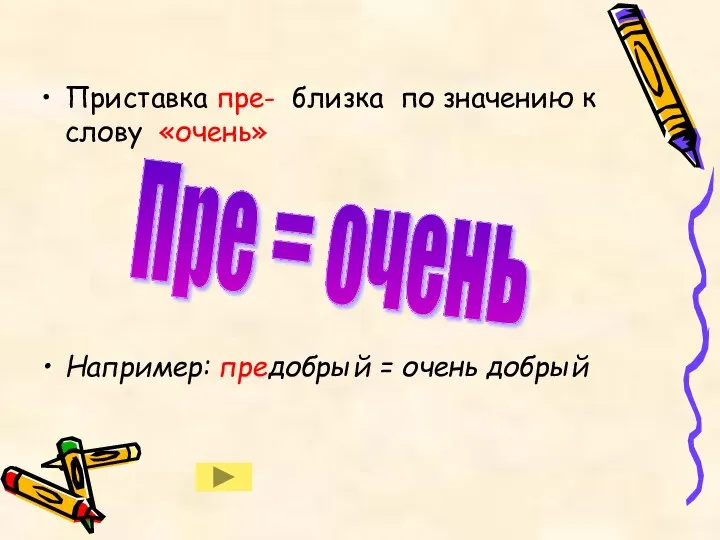 Приставка пре- близка по значению к слову «очень» Например: предобрый = очень добрый Пре = очень