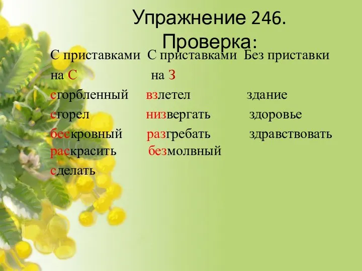 Упражнение 246. Проверка: С приставками С приставками Без приставки на