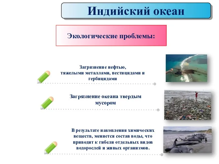 Индийский океан Экологические проблемы: Загрязнение нефтью, тяжелыми металлами, пестицидами и