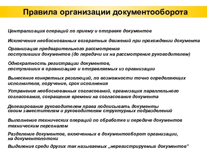 Правила организации документооборота Централизация операций по приему и отправке документов