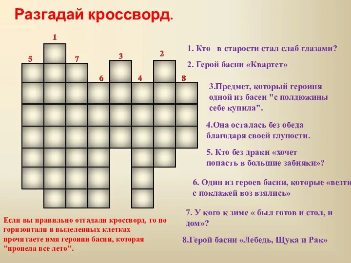 Разгадай кроссворд. 1. Кто в старости стал слаб глазами? 2.