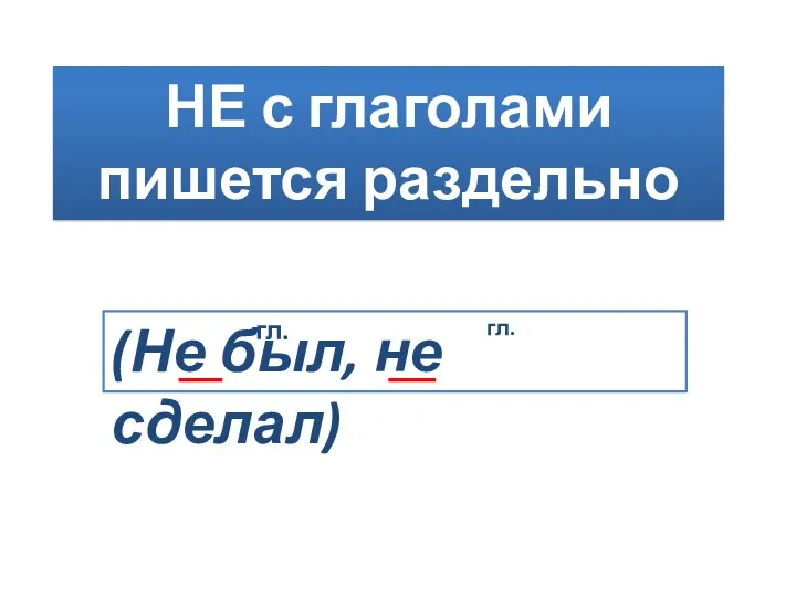 НЕ с глаголами пишется раздельно (Не был, не сделал) гл. гл.