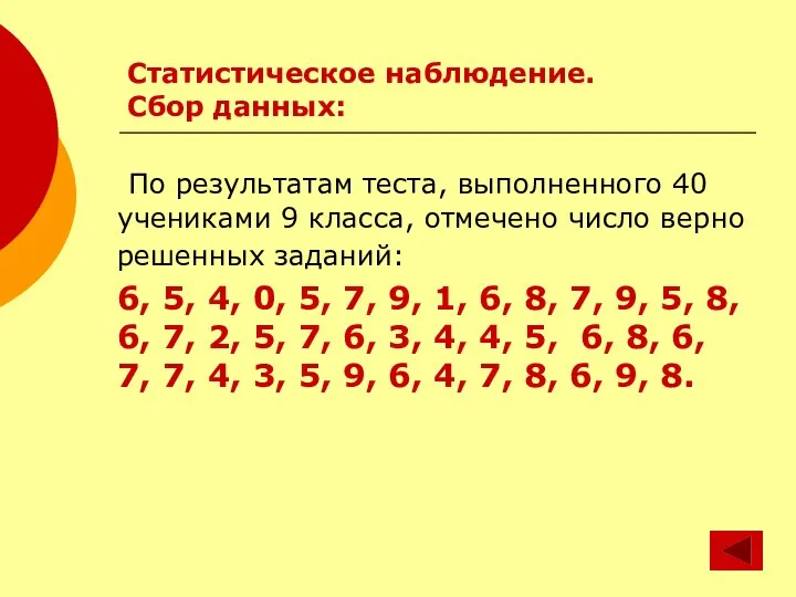 Статистическое наблюдение. Сбор данных: По результатам теста, выполненного 40 учениками