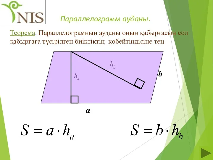 Параллелограмм ауданы. Теорема. Параллелограмның ауданы оның қабырғасын сол қабырғаға түсірілген биіктіктің көбейтіндісіне тең a b