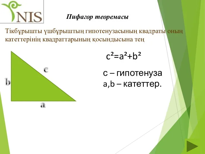 Тікбұрышты үшбұрыштың гипотенузасының квадраты оның катеттерінің квадраттарының қосындысына тең c²=a²+b² с – гипотенуза
