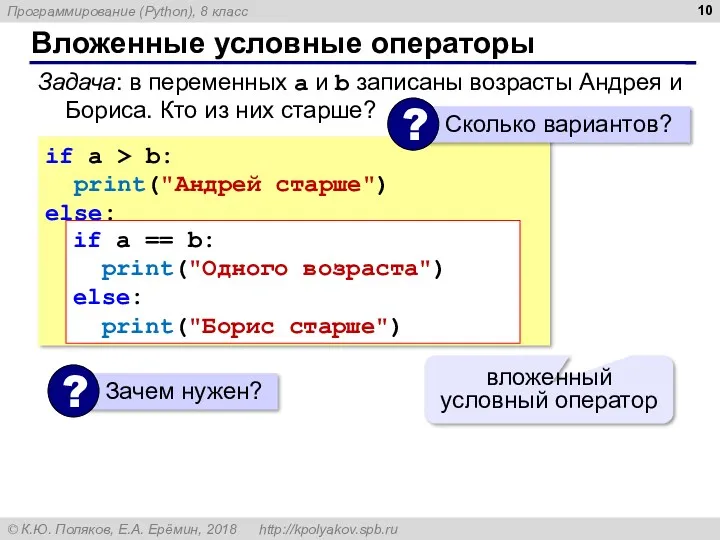 Вложенные условные операторы if a > b: print("Андрей старше") else: