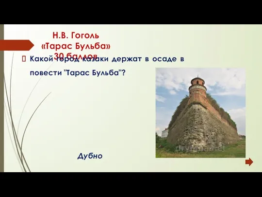 Н.В. Гоголь «Тарас Бульба» 30 баллов Какой город казаки держат