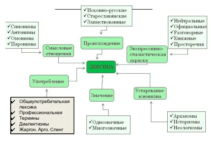 Общеупотребительная лексика Профессиональная Термины Диалектизмы Жаргон. Арго. Сленг