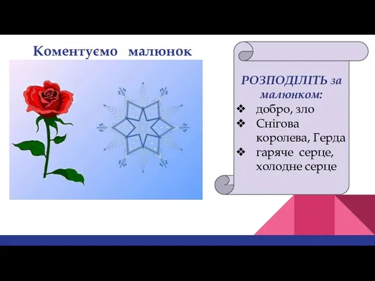 Коментуємо малюнок РОЗПОДІЛІТЬ за малюнком: добро, зло Снігова королева, Герда гаряче серце, холодне серце